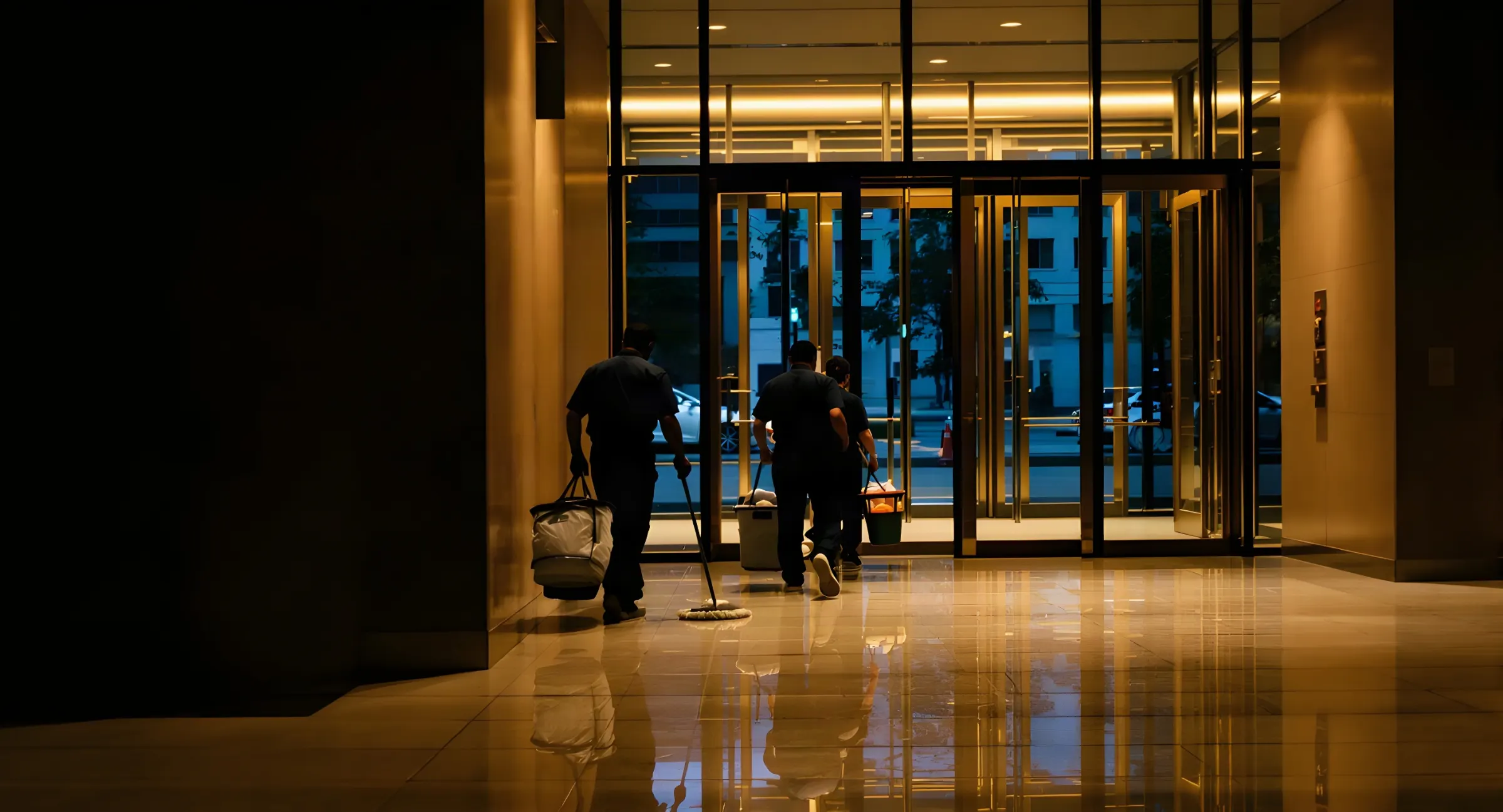 Equipo de aseo llegando a un edificio de oficinas en Bogotá antes del amanecer